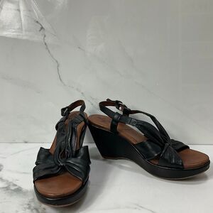 NAYA Black Leather Wedge Heel Sandals